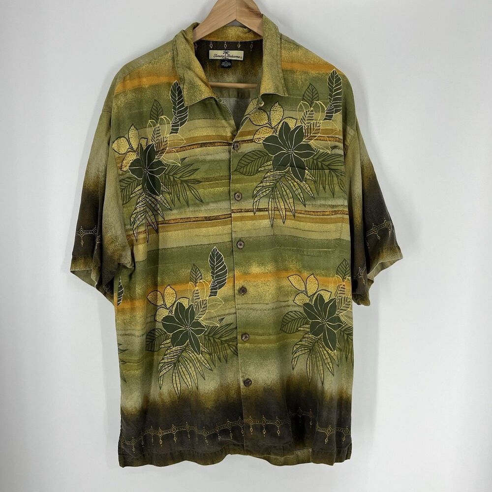 Tommy Bahama Shirt Size XL Mens Green Silk Hawaiian Floral Print Button Up Camp